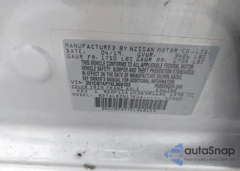 2019 Nissan Versa 1.6 Sv z USA, uszkodzony, nr VIN 3N1CN7AP7KL868153